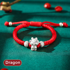 999 Sterling Silver Zodiac Red Rope Kids Bracelet - Dragon charm on woven red cord with beads, zodiac protection