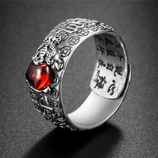 PiXiu Red Garnet Wealth Ring – Side view showing engraved Chinese characters inside band, feng shui jewelry