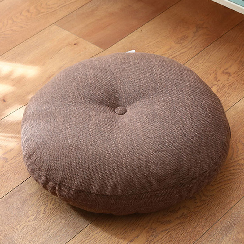 Lotus Linen Meditation Cushion – Warm taupe brown tufted on polished wood floor
