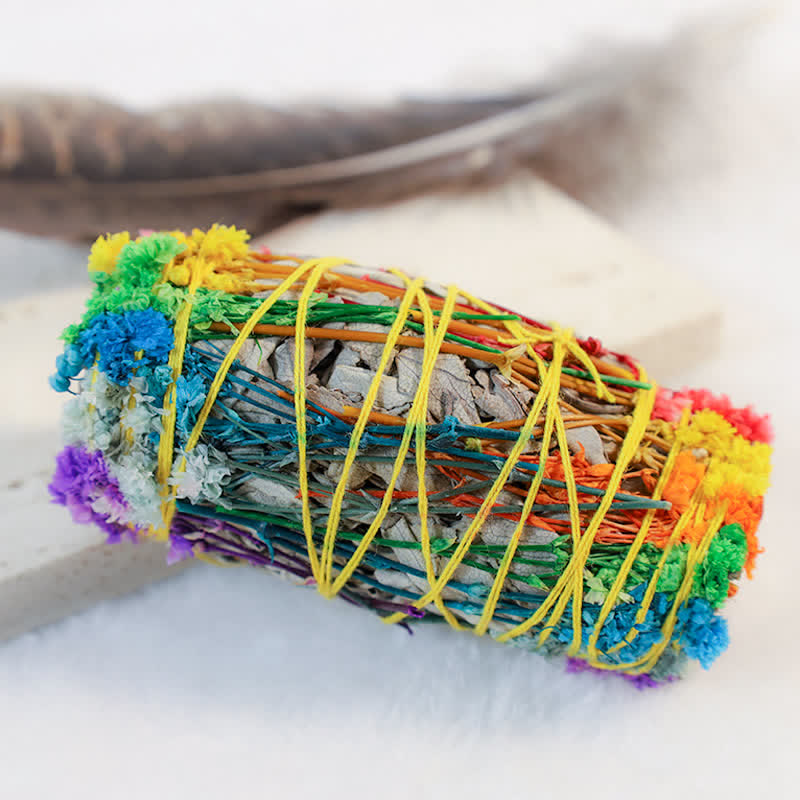 Smudge Stick Set with Abalone Shell - Diagonal close-up of rainbow sage bundle, purification