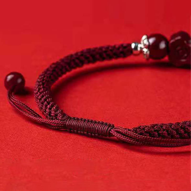 Handcrafted PiXiu Cinnabar Wealth Luck Braided Bracelet – adjustable knot and cord ends macro detail, handmade