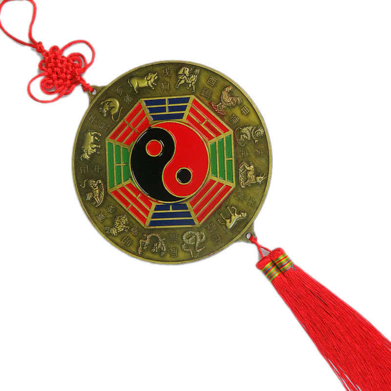 Feng Shui Bagua Map Mirror - Bagua mirror amulet with yin-yang symbol, 12 zodiac animals, red tassel and brass metal wall ha.