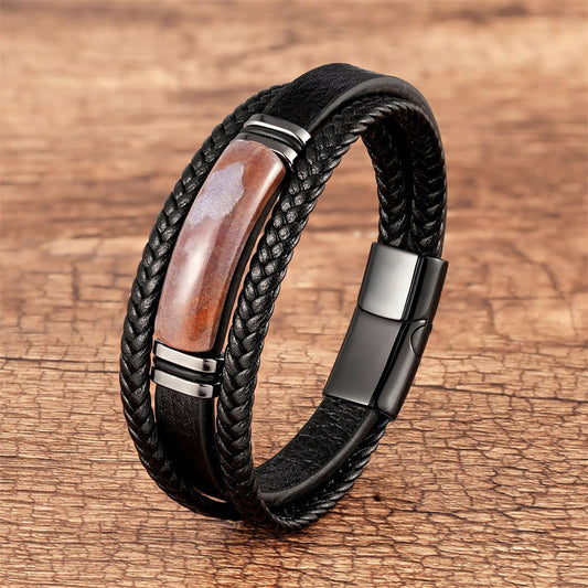 Green Agate & Tiger Eye leather bracelet featuring warm reddish-brown tiger eye stone inlay with gunmetal metal framing on black braided leather.