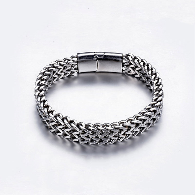 Fish Scale Titanium Steel Magnetic Bracelet – silver double-strand chain with box clasp, white background, overhead view