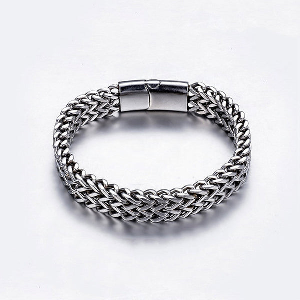Fish Scale Titanium Steel Magnetic Bracelet – silver double-strand chain with box clasp, white background, overhead view