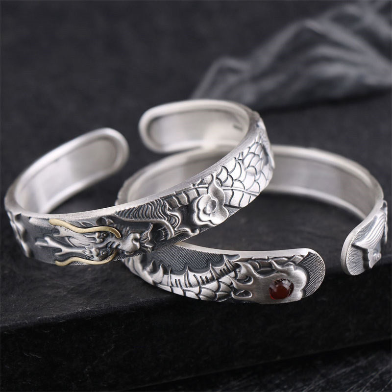 Sterling Silver Dragon Bracelet Pair – Two-tone cuffs with red stone and dragon pearl motif, Strength