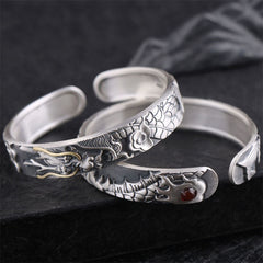 Sterling Silver Dragon Bracelet Pair – Two-tone cuffs with red stone and dragon pearl motif, Strength