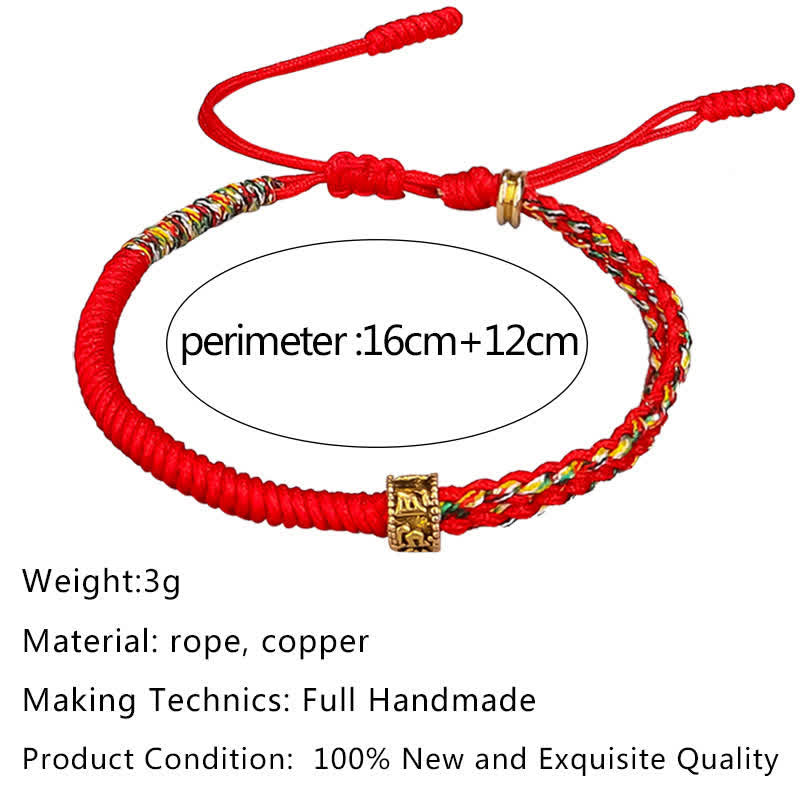 Om Mani Padme Hum Red String Bracelet – Red handmade braided bracelet with gold copper bead and multicolor patterned section showing adjustable sizing