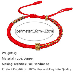 Om Mani Padme Hum Red String Bracelet – Red handmade braided bracelet with gold copper bead and multicolor patterned section showing adjustable sizing