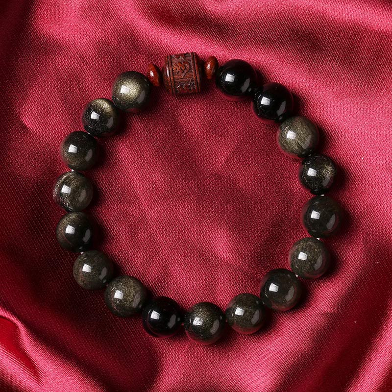 Gold Sheen & Rainbow Obsidian Fu Bracelet – obsidian beads on deep crimson silk, gemstone bracelet
