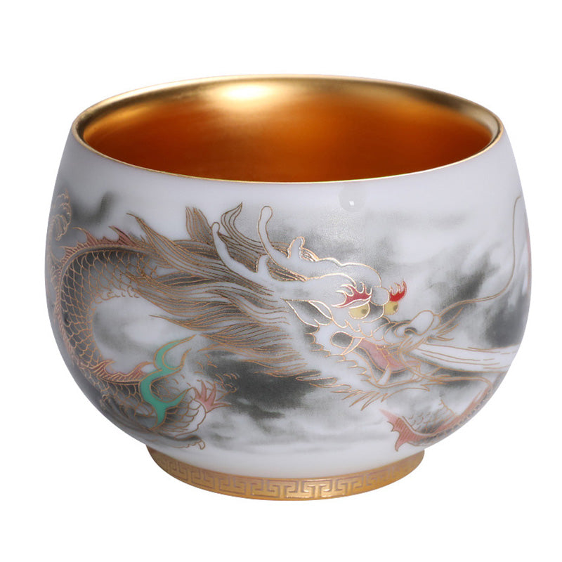 Dragon Gilt Porcelain Teacup - Gold-lined dragon cup with Greek key base band, refined