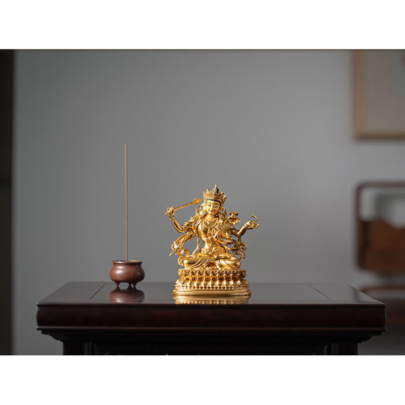 Four-Armed Manjusri Bodhisattva Gold Copper Statue Home Decor – flaming sword gold edge, wisdom weapon art