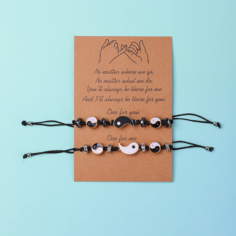 Yin Yang Hematite Bracelet - Yin-yang bead pair on kraft card with promise message, adjustable set