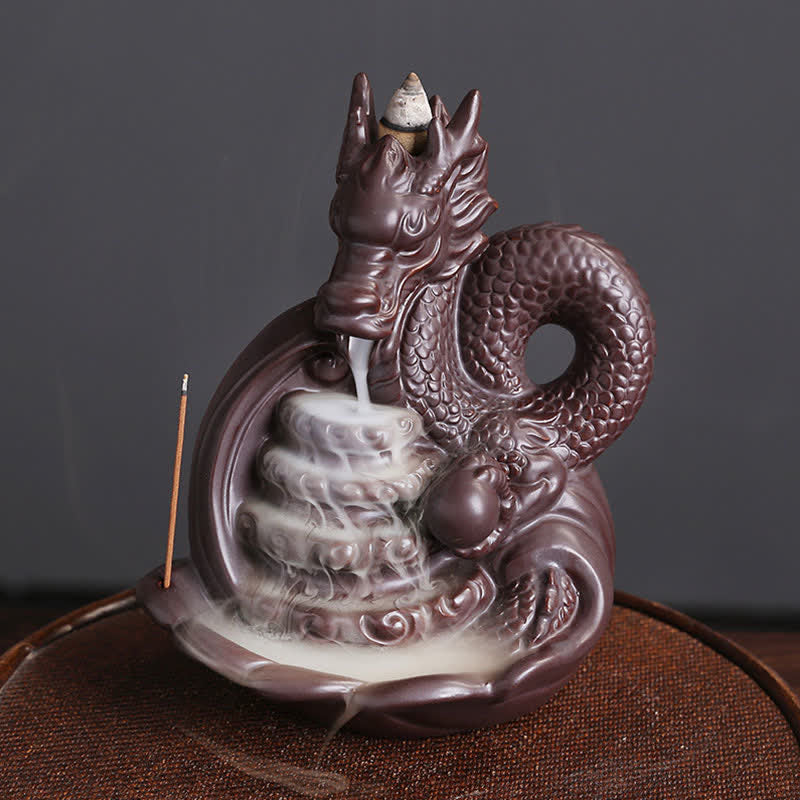 Dragon Pattern Ceramic Incense Burner – full view with dragon coiled around tiered base, Success
