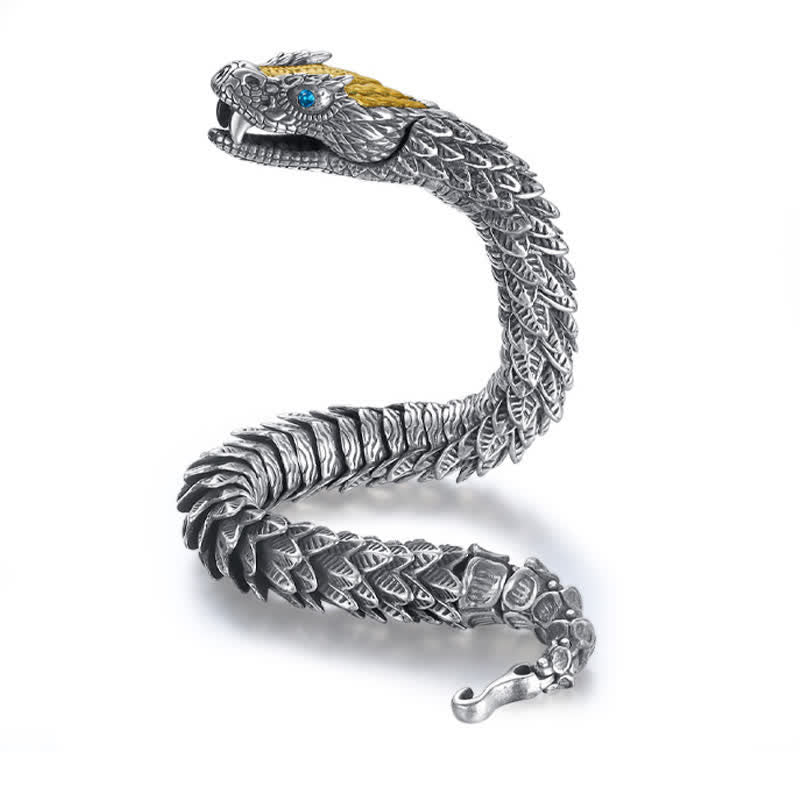 Dragon Snake Copper Bracelet – Full-length dragon cuff with blue eye on white studio background, Elegant
