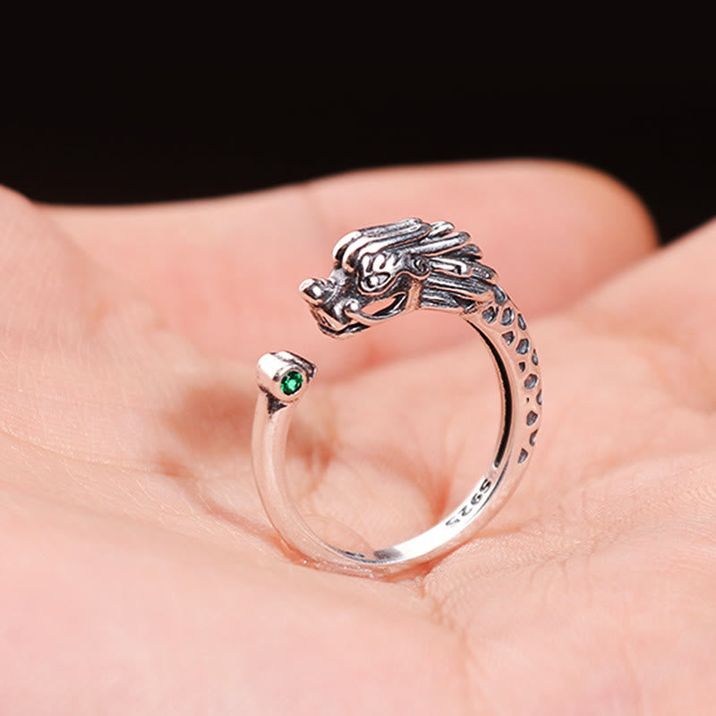 Vintage Dragon Design Ring - Sterling silver dragon head ring with green gem on palm, Confidence