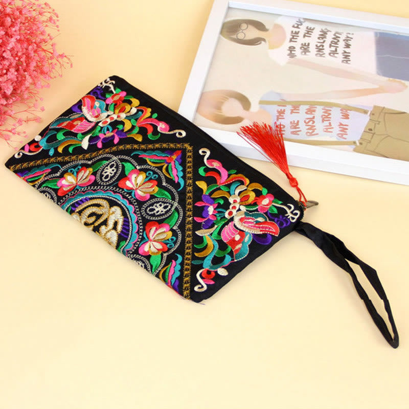 Dragon Butterfly Embroidery Wallet - Diagonal clutch with red tassel and flower props, Feminine