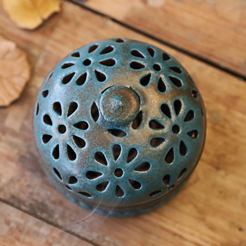 Mini Ceramic Incense Burner - Overhead view of pierced floral lid pattern, artisan smoke diffuser