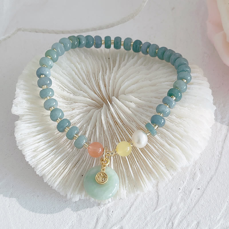 Hetian Jade Pearl Fu Gourd Money Bag Bracelet – Blue jade bead bracelet with pearl and Fu charm on shell, luck jewelry