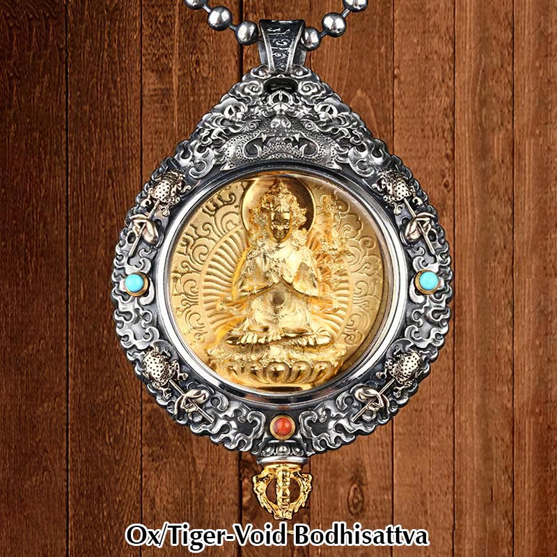 Zodiac Buddha Thangka Wealth Rotatable Pendant – Ox Tiger Void Bodhisattva front view on wooden backdrop, protector