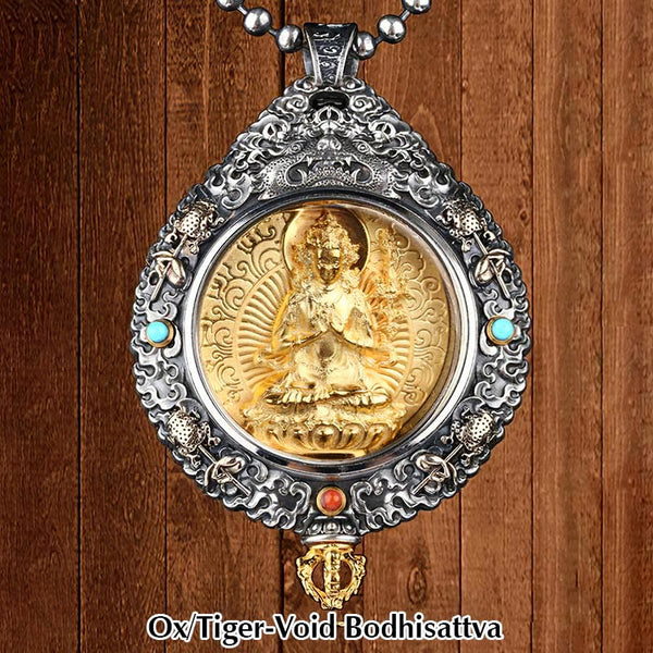 Zodiac Buddha Thangka Wealth Rotatable Pendant – Ox Tiger Void Bodhisattva front view on wooden backdrop, protector