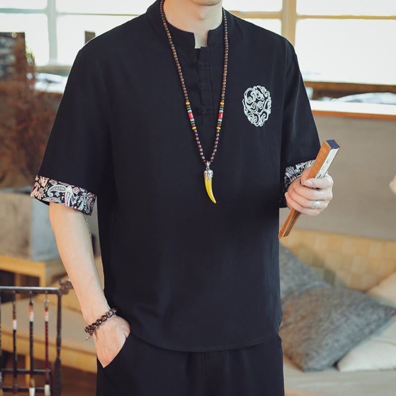 Dragon Embroidery Frog-Button Linen Tang Suit Shirt - Black linen with white cloud embroidery, modern