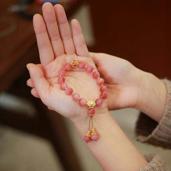 925 Silver Yanyuan Agate Lotus Bracelet – rose pink beads gold lotus tassel on palm, stretch bracelet