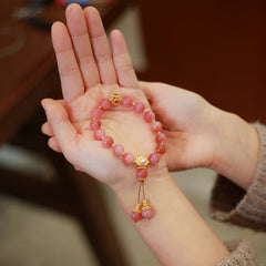 925 Silver Yanyuan Agate Lotus Bracelet – rose pink beads gold lotus tassel on palm, stretch bracelet