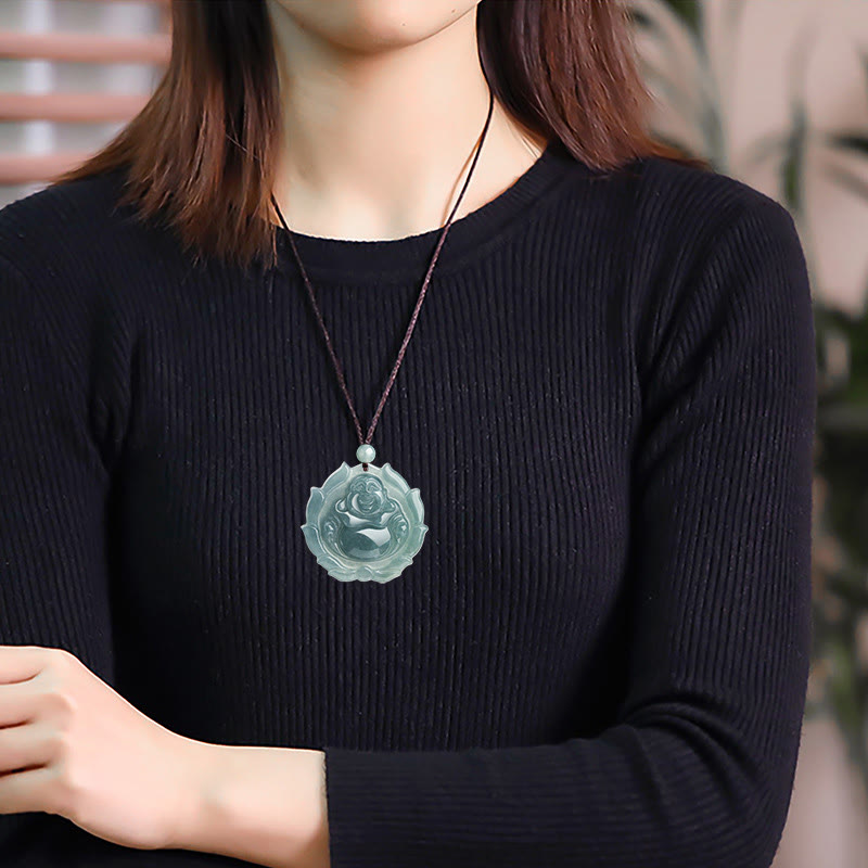 Natural Jade Laughing Buddha Lotus Luck Necklace Pendant – chain and lobster clasp detail, adjustable sacred necklace