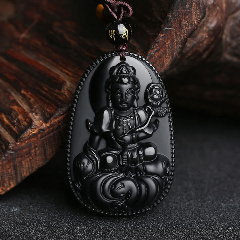 Chinese Zodiac Buddha Black Obsidian Necklace – Vajrasattva holding vajra scepter on lotus throne, black obsidian carved amulet with script bead, purification guardian