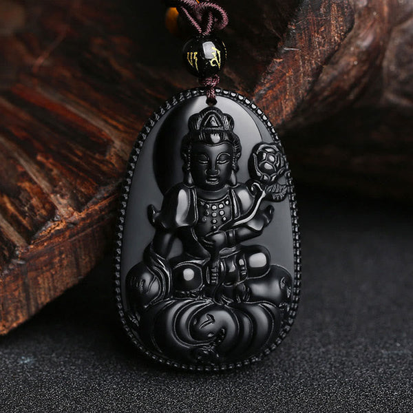 Chinese Zodiac Buddha Black Obsidian Necklace – Vajrasattva holding vajra scepter on lotus throne, black obsidian carved amulet with script bead, purification guardian