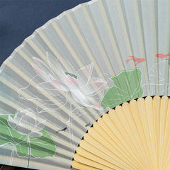Lotus Begonia Jasmine Handheld Bamboo Folding Fan - lotus blooms with fish detail, close-up botanical artistry