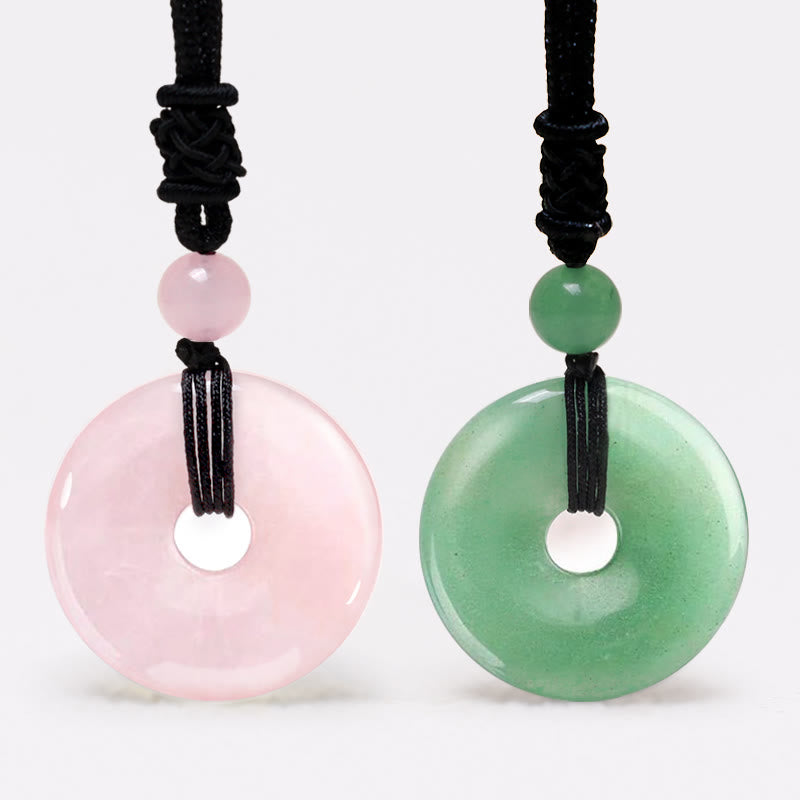 Lucky Coin Pendant Healing Crystal Gemstone Necklace – Pink rose quartz and green aventurine bi disc pendants on black cord