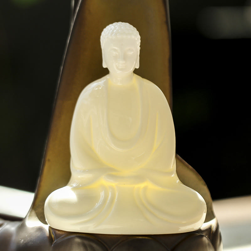 LED Buddha Hand Backflow Burner - translucent white Buddha glowing on dark lotus base