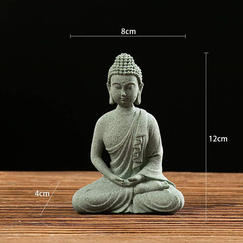 Green Sandstone Buddha Statue – Buddha in dhyana mudra with size guide, front-view