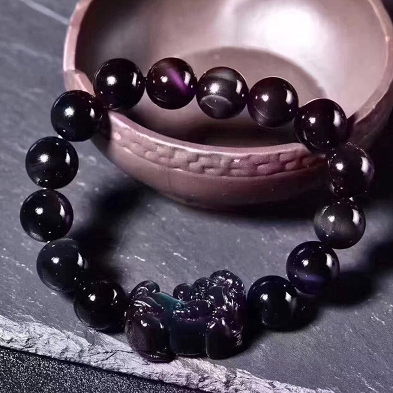 Feng Shui Rainbow Obsidian Bracelet – black beads by pink bowl purple flash, glossy elegant bracelet