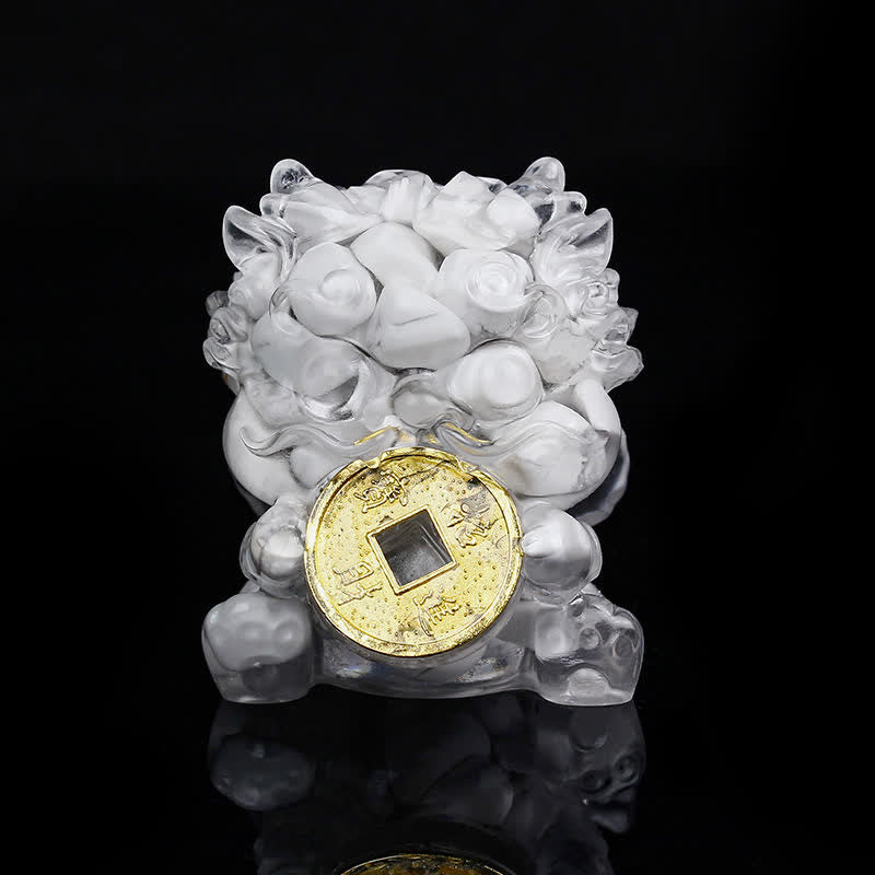 Handmade PiXiu Crystal – Milky white crystal front view on black, fortune decor