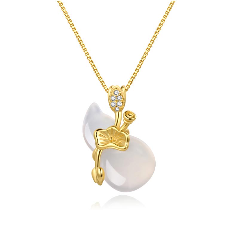 Cyan Jade Gourd Pendant Necklace - white jade gourd with lotus leaf veining and floral bail, clean white background