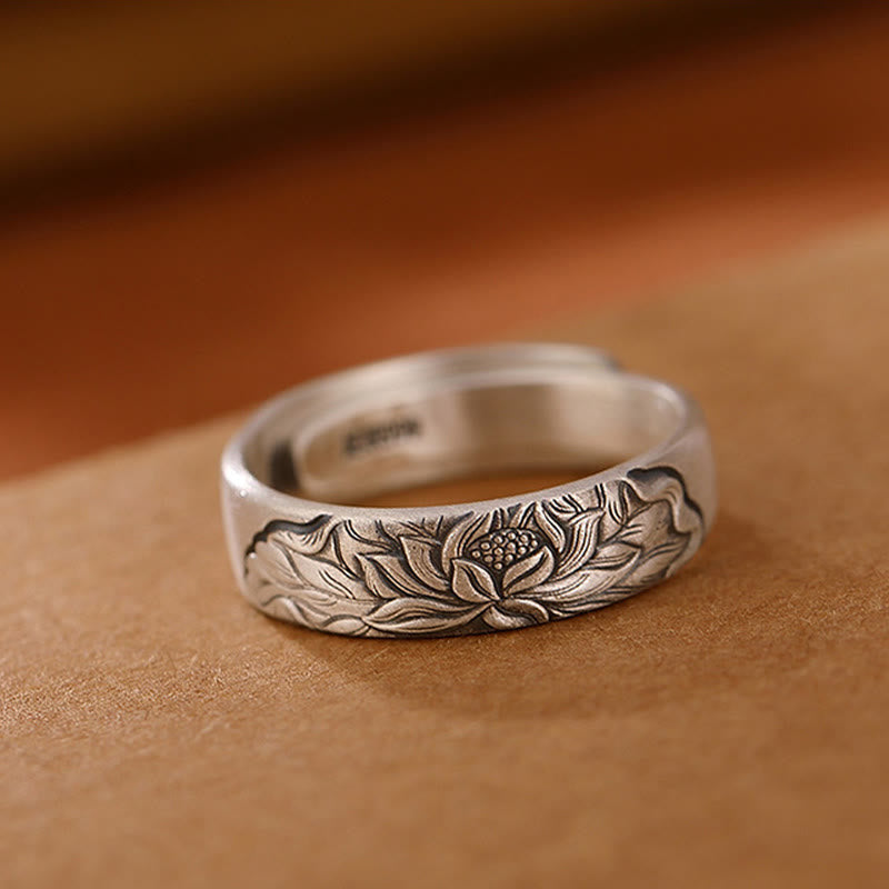 Anillo ajustable de flor de loto y ciruelo "Iluminación" de plata 999
