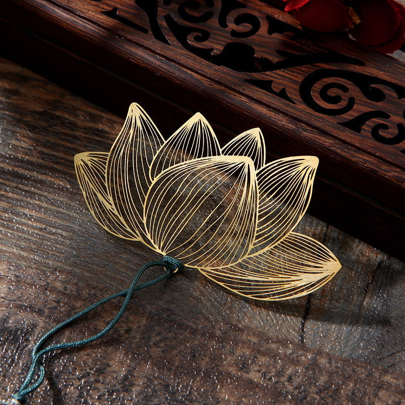 Lotus Brass Hollow Bookmark - etched gold lotus on dark wood with carved box, artisan craft