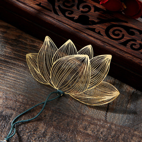 Lotus Brass Hollow Bookmark - etched gold lotus on dark wood with carved box, artisan craft