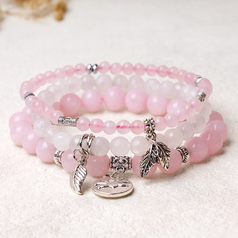 Natural Crystal Bracelet – soft pink rose quartz and white jade triple layer with silver lotus charm, healing bracelet