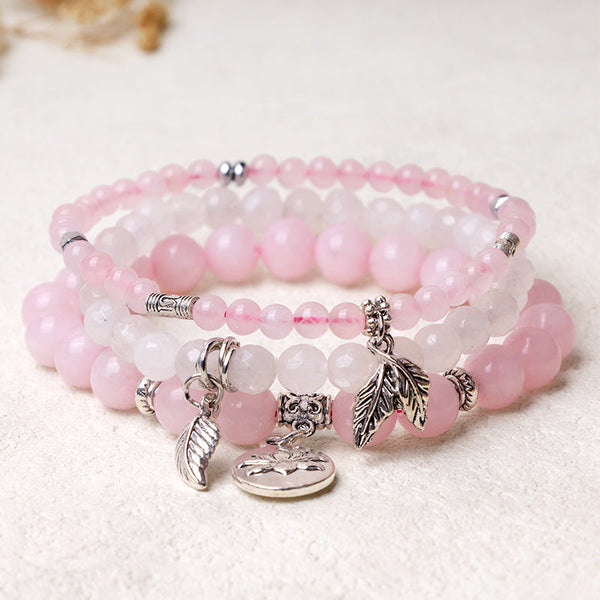 Natural Crystal Bracelet – soft pink rose quartz and white jade triple layer with silver lotus charm, healing bracelet