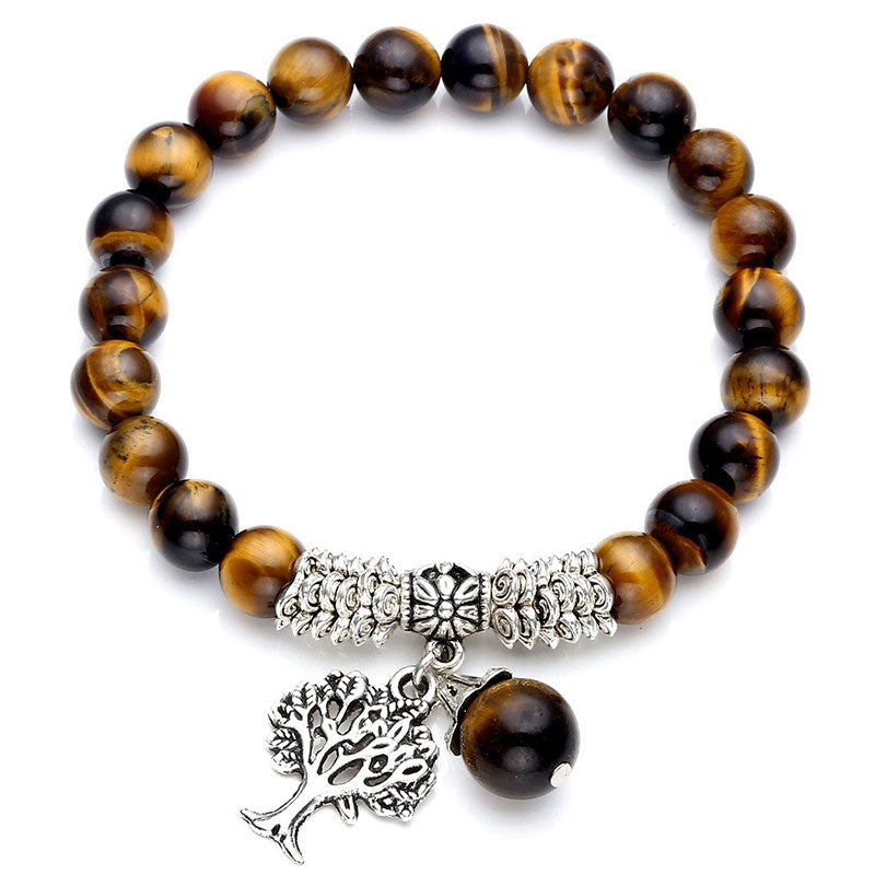 Tree of Life tiger eye bracelet with brown banded gemstone beads, silver decorative spacers, tree of life pendant and tiger eye bead dangle.
