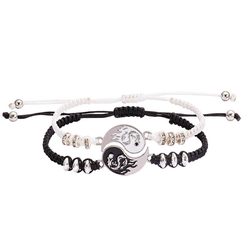 Yin Yang Dragon Couple Bracelet – Black white cord pair with interlocking dragon pendants, Balance