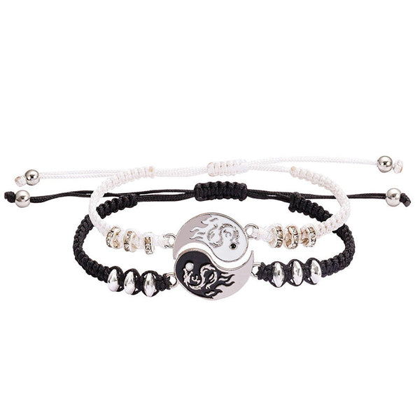 Yin Yang Dragon Couple Bracelet – Black white cord pair with interlocking dragon pendants, Balance
