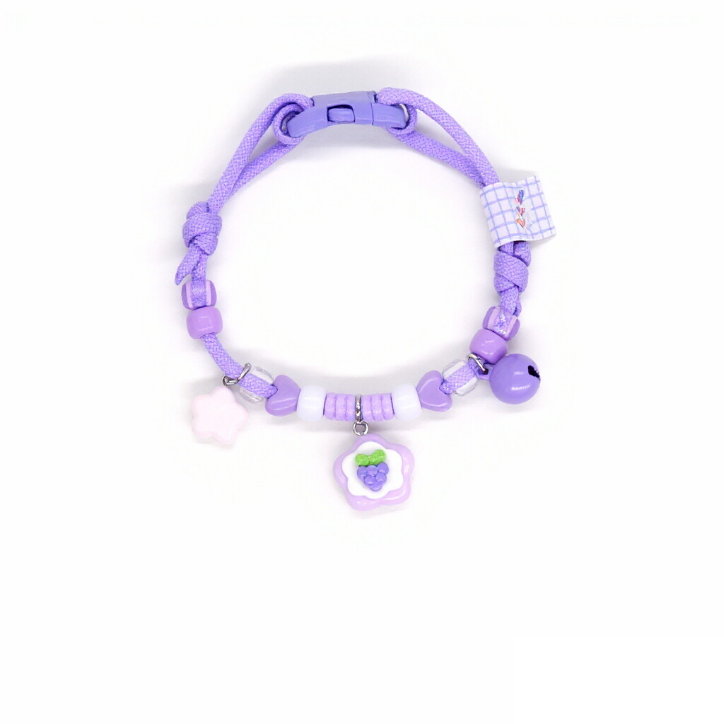 Adjustable Cat Collar – Purple braided rope with grape flower, star & purple bell, kawaii pet collar