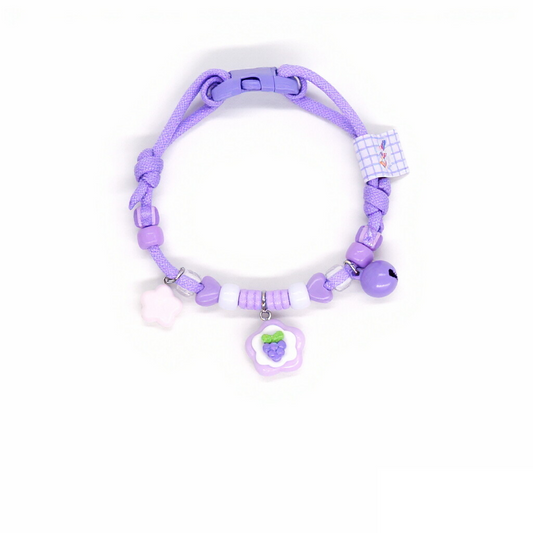 Adjustable Cat Collar – Purple braided rope with grape flower, star & purple bell, kawaii pet collar