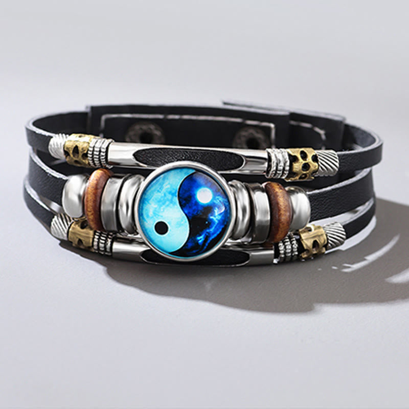 Yin Yang Leather Balance Bracelet - Layered black leather with blue cosmic yin-yang and mixed metal beads, boho jewelry