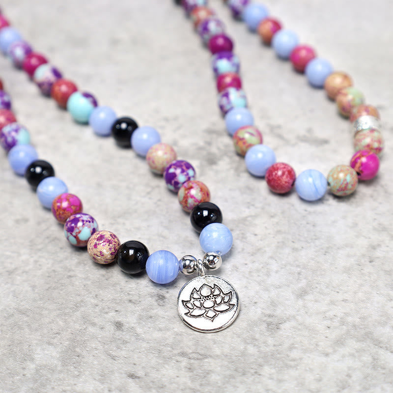 Purple Miano Real Stone Lotus Mala – serpentine strand with purple jasper and blue agate, spiritual healing